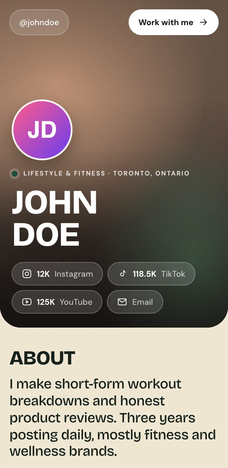 A creator's portfolio page on Reyn: cover photo, avatar, name, follower counts for Instagram, TikTok and YouTube, and an About section.